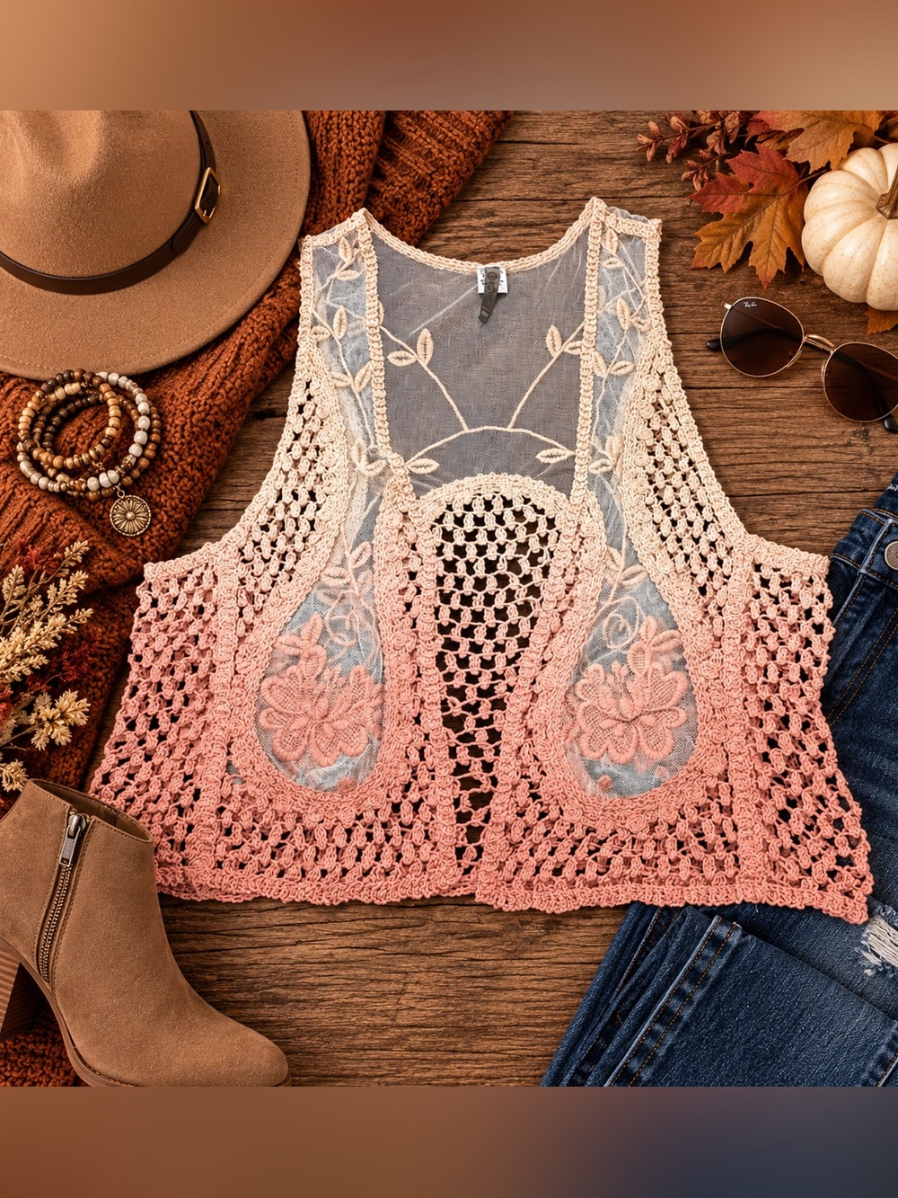 XCVI Pink Peach Ombré Crochet Lace Boho Vest Top Size 1